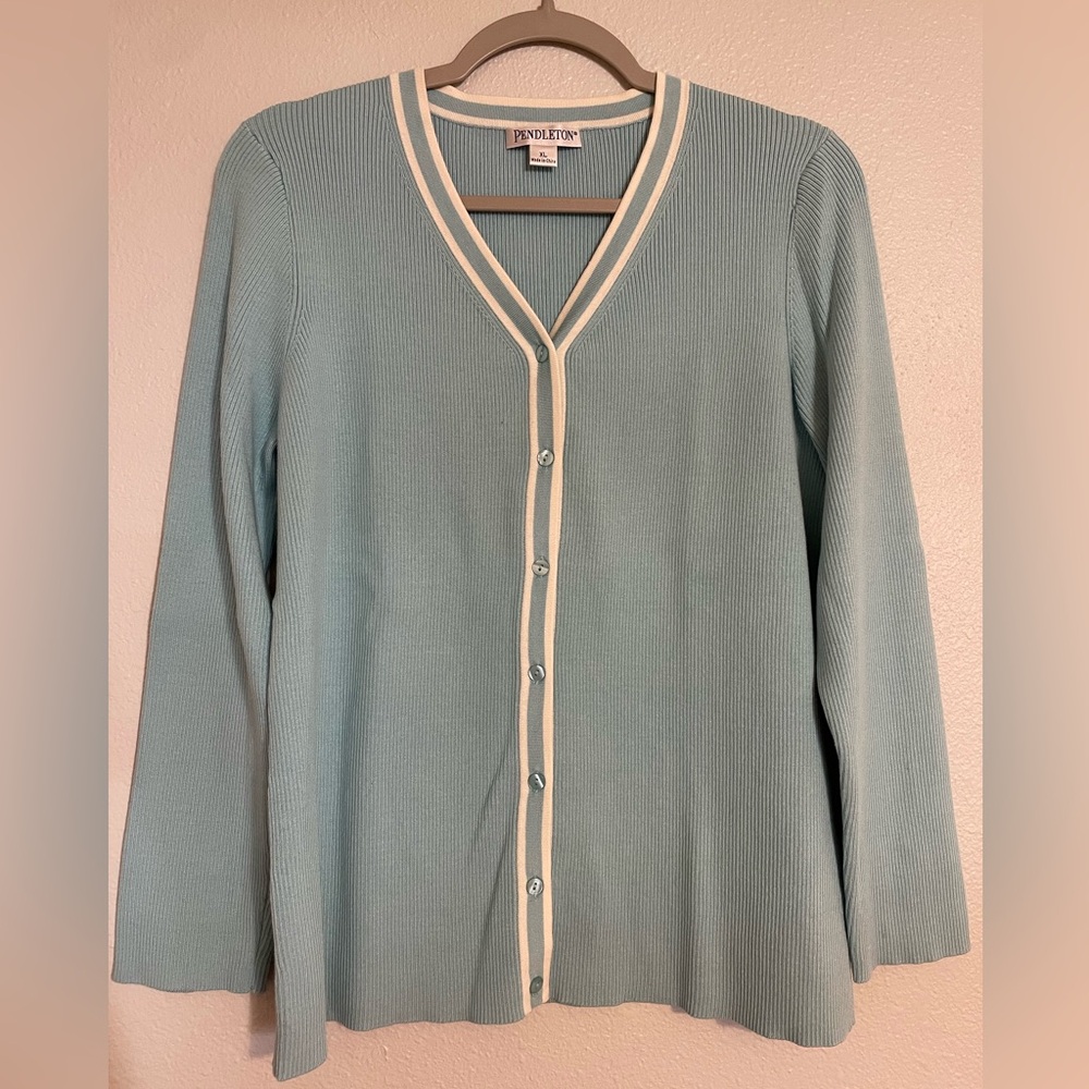 Pendleton Women's Light Blue Cardigan with Cream Trim